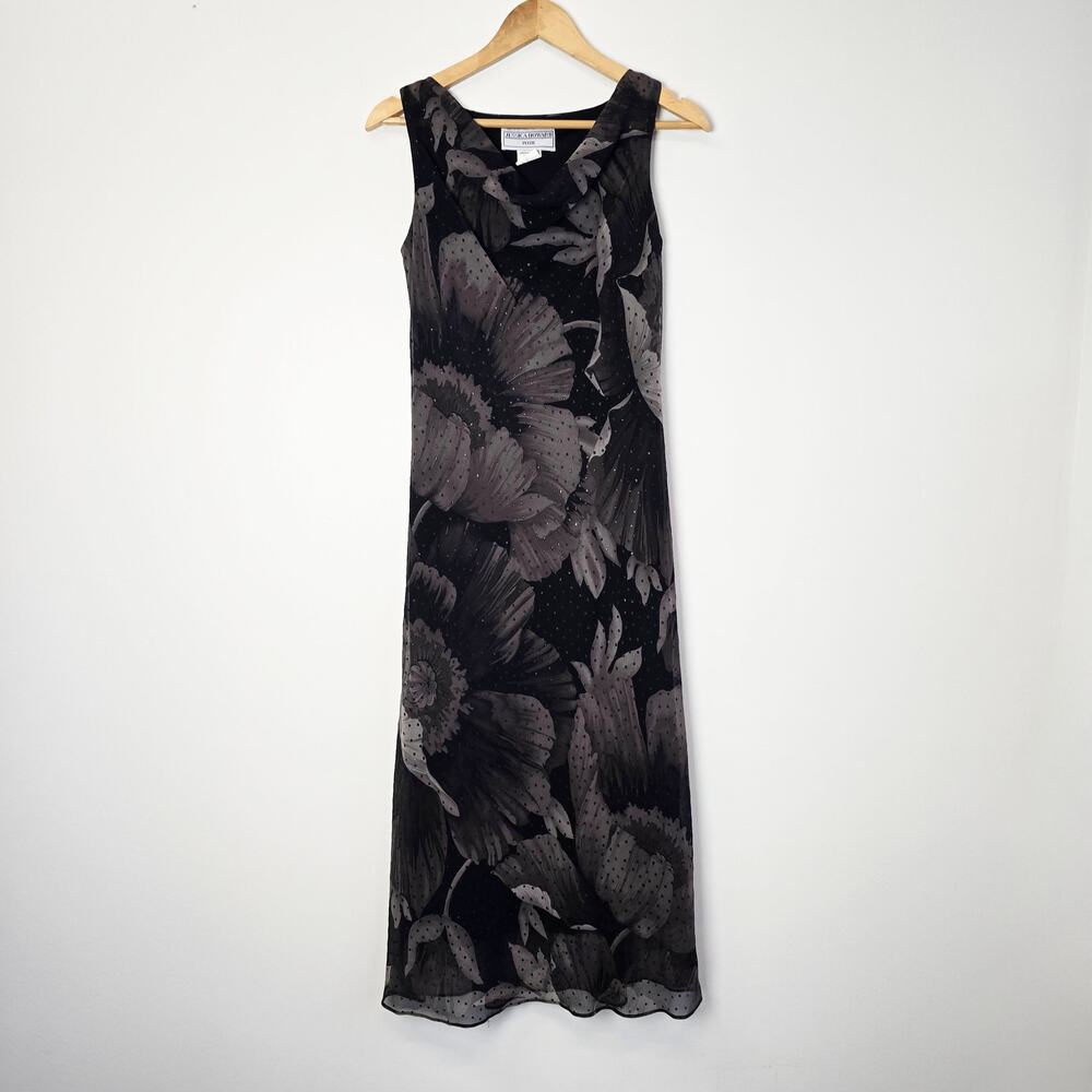 Vintage Jessica Howard Y2K Dark Floral Cowl Neck Midi Dress Grey Black Petite 8P
